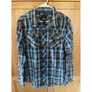 Men's L Prana Blue & Grey Long Sleeve Pearl Snap Shirt